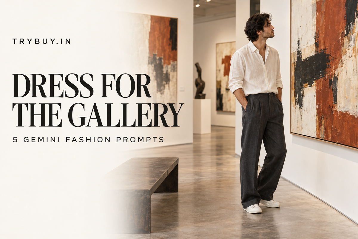 Editorial cover of a man in an ivory shirt and charcoal trousers viewing abstract art, with Dress for the Gallery and 5 Gemini Fashion Prompts