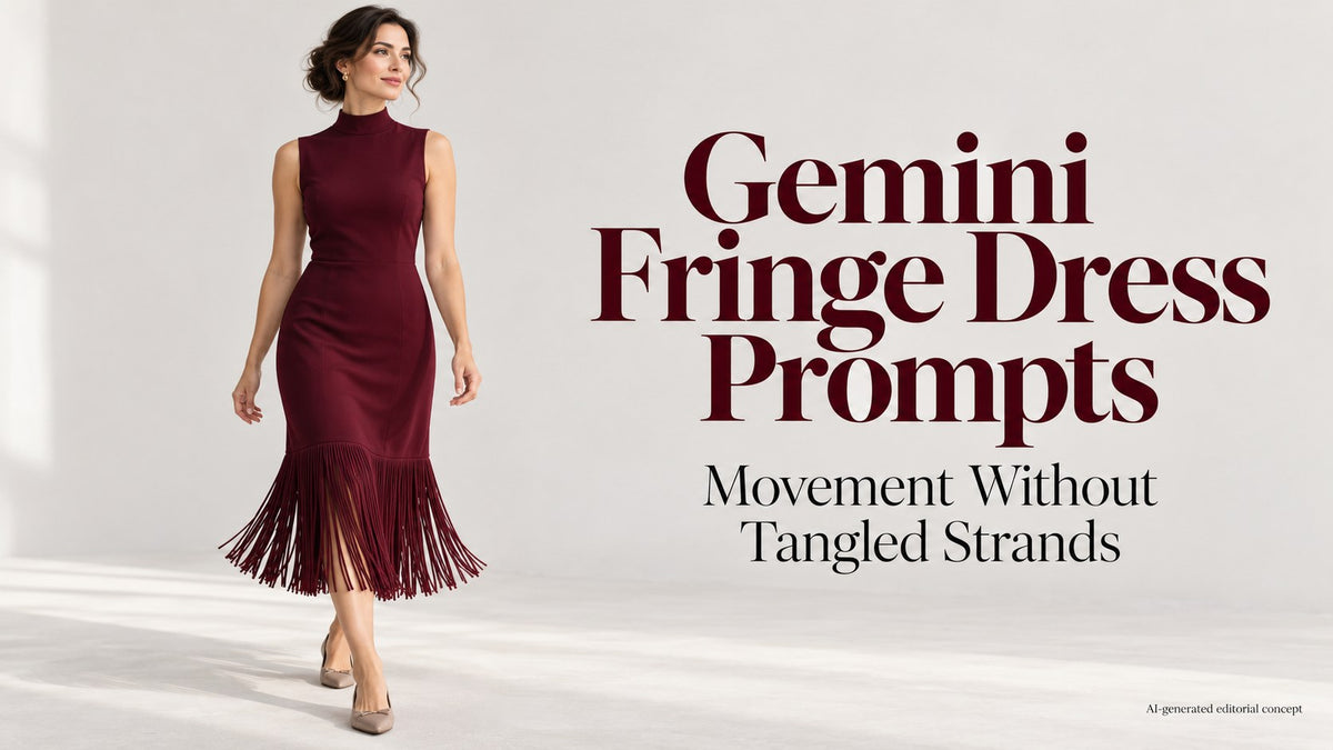 AI editorial adult woman in an opaque burgundy midi dress with a lower fringe panel, with Gemini title text.