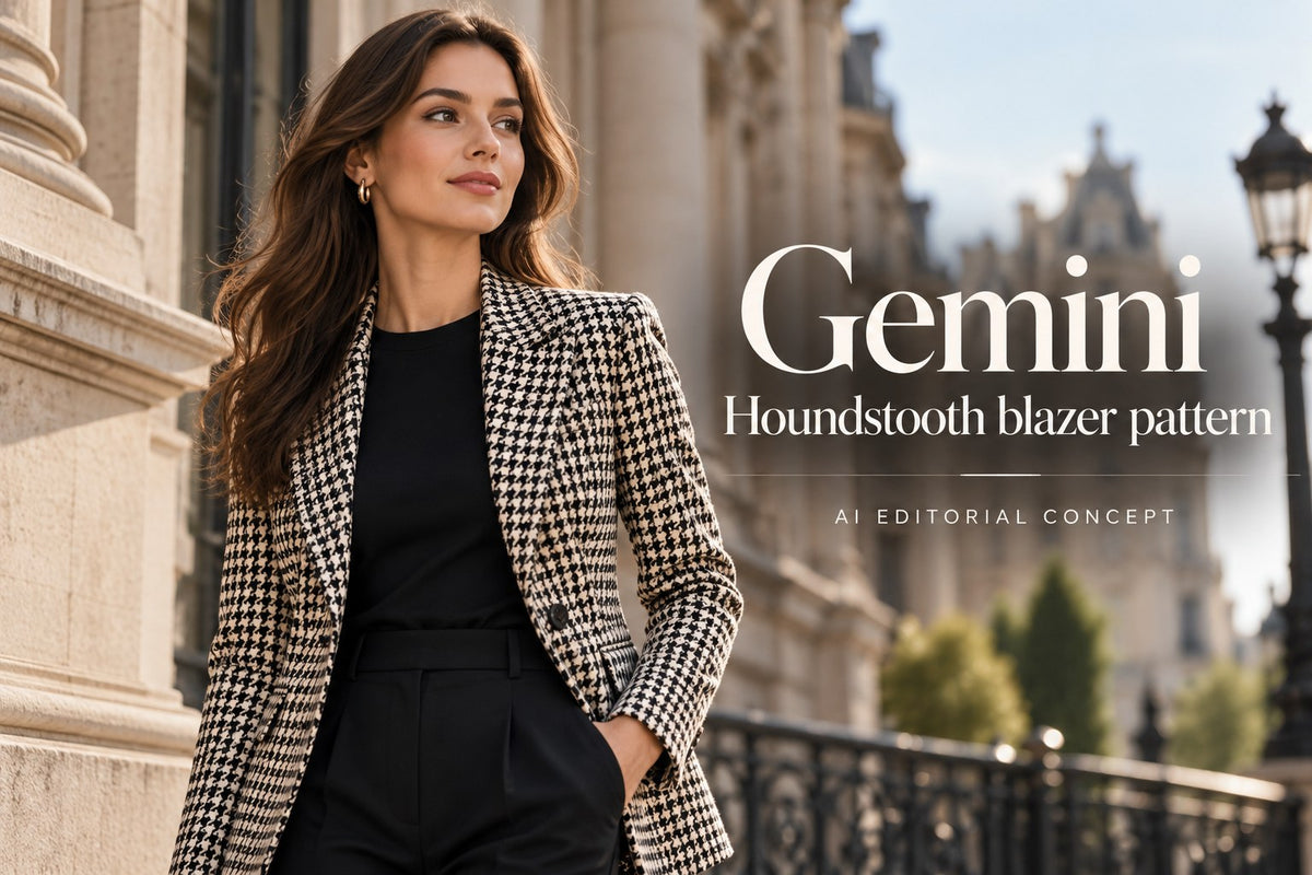 Gemini — Houndstooth blazer pattern — AI-generated editorial concept