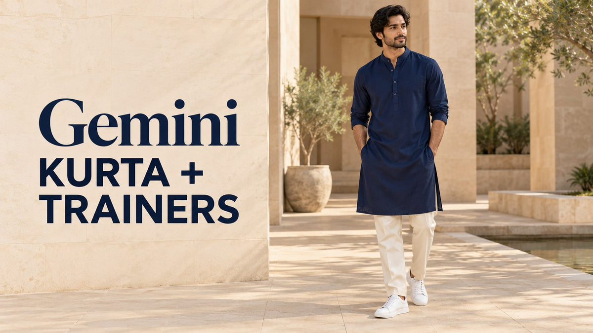AI-generated adult man in a navy kurta, cream trousers and white trainers beside the text Gemini Kurta + Trainers.