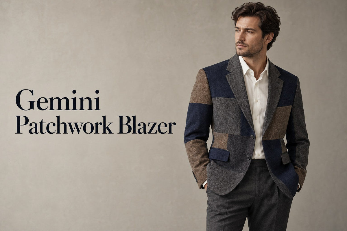 IA-generated editorial concept of a man in a navy, charcoal and brown patchwork blazer over an ivory shirt, with text Gemini Patchwork Blazer.