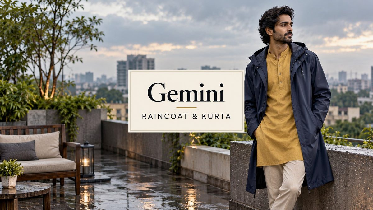 AI-generated editorial concept of an adult man in a navy outer layer over a mustard kurta, with the text Gemini Raincoat and Kurta.