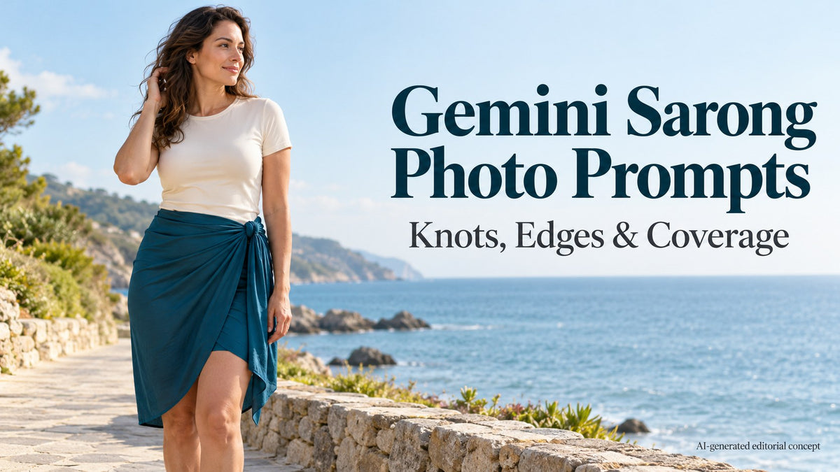 AI editorial adult in an opaque cream top and teal sarong-style wrap on a coastal walkway, with Gemini title text.