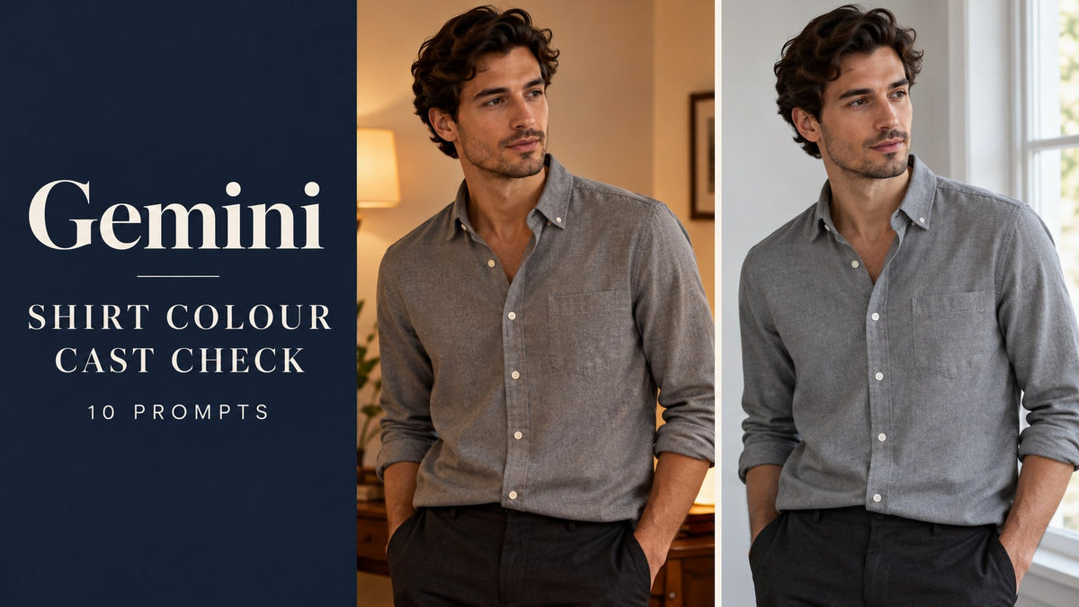 AI-generated editorial concept: Gemini Prompts: Shirt Colour Cast Checks. Fictional garments, not actual inventory.