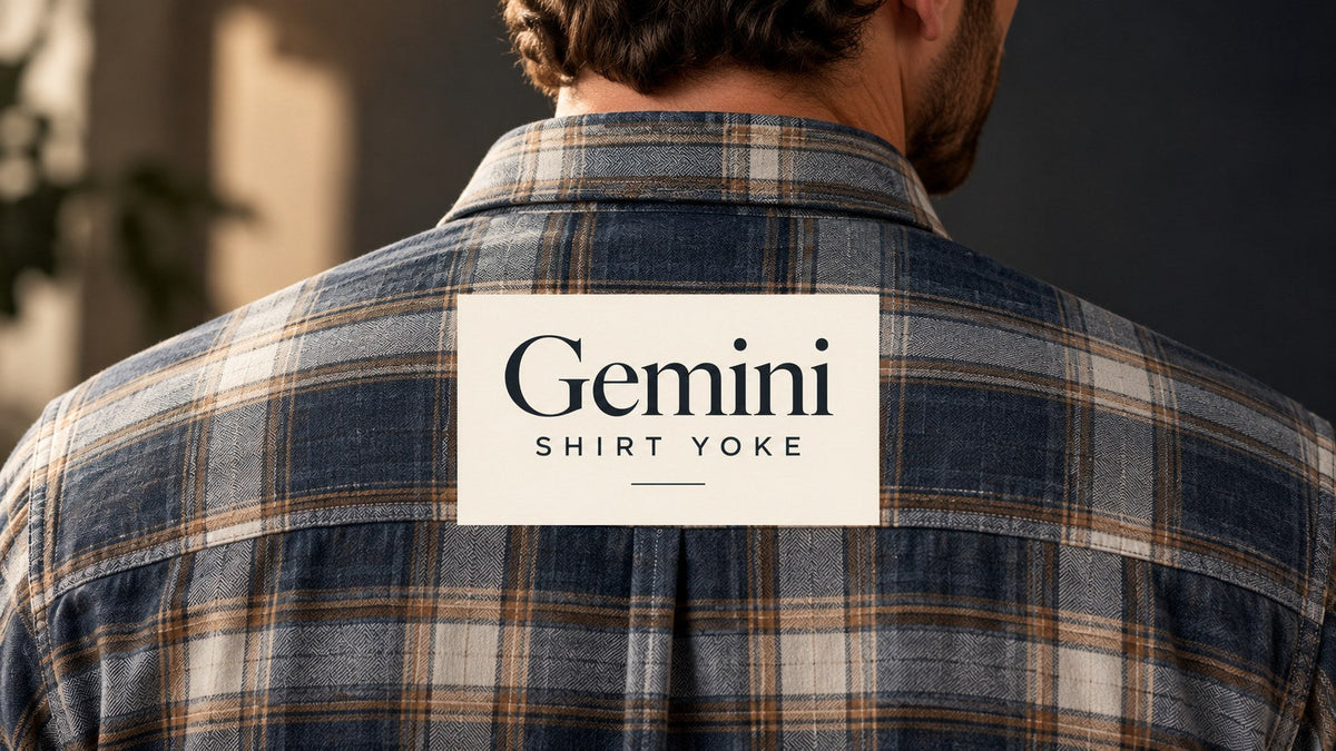 AI-generated editorial detail of a fictional checked shirt's upper-back yoke, partly covered by the title Gemini Shirt Yoke.