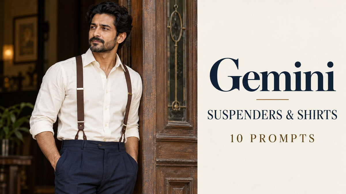 AI-generated editorial concept: Gemini Prompts: Suspenders and Shirts. Fictional garments, not actual inventory.