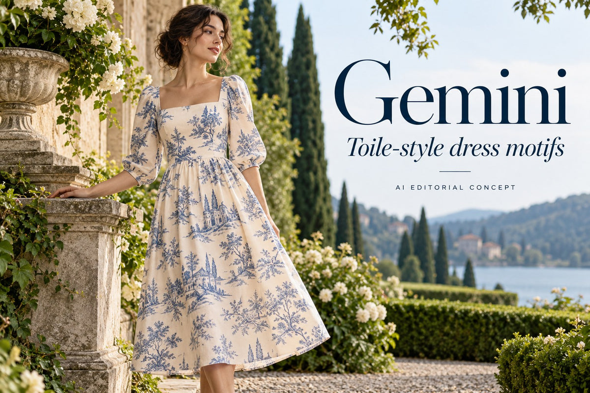 Gemini — Toile-style dress motifs — AI-generated editorial concept