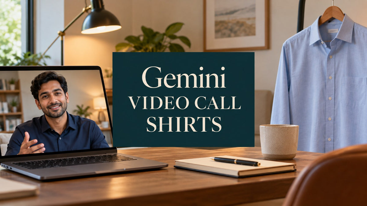 AI-generated editorial concept of a home video-call workspace and fictional shirts, with the text Gemini Video Call Shirts.