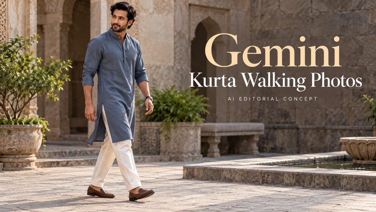 Gemini — कुर्ता Walking Photos; AI-generated fashion editorial concept