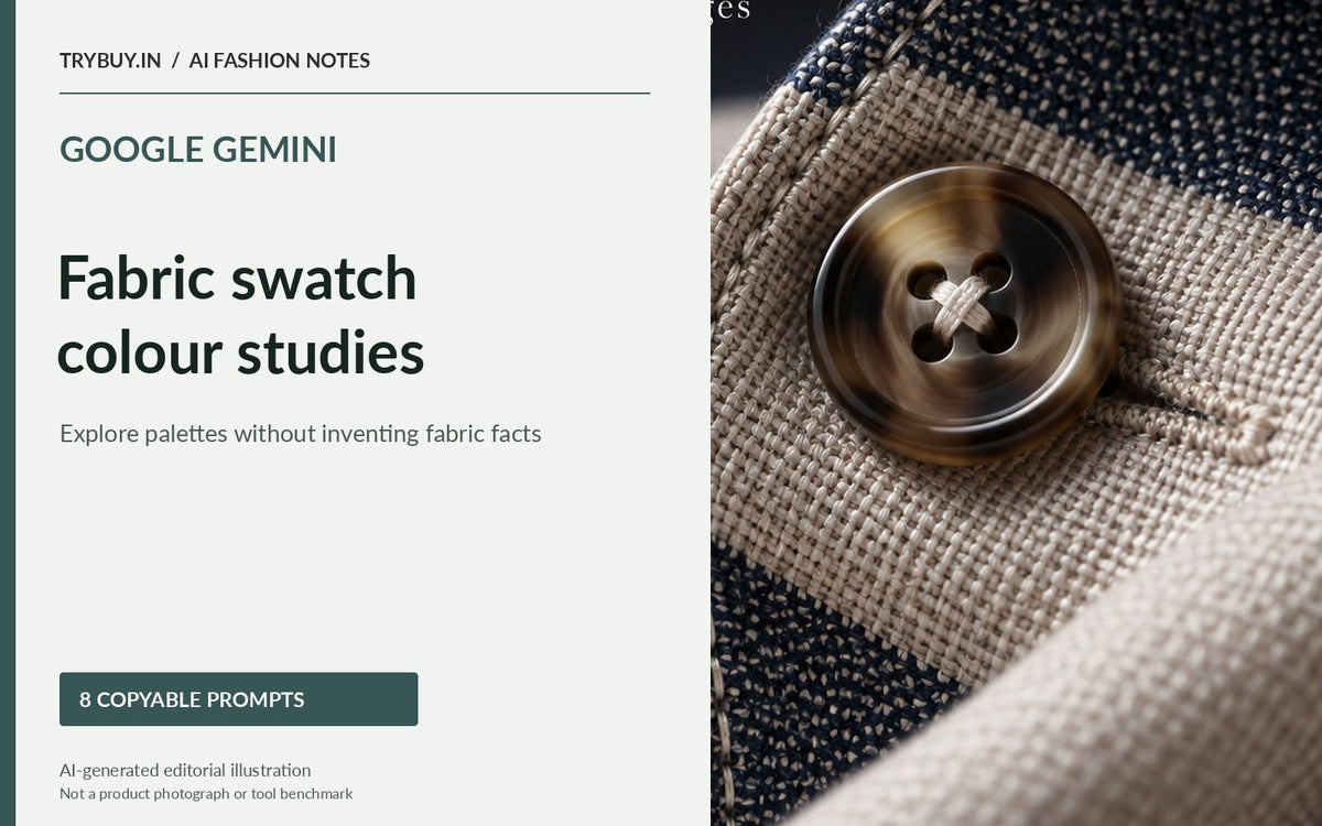 Google Gemini fabric swatch colour-study prompts with navy and beige textured cloth and a button; AI-generated illustration, not a fabric specification.