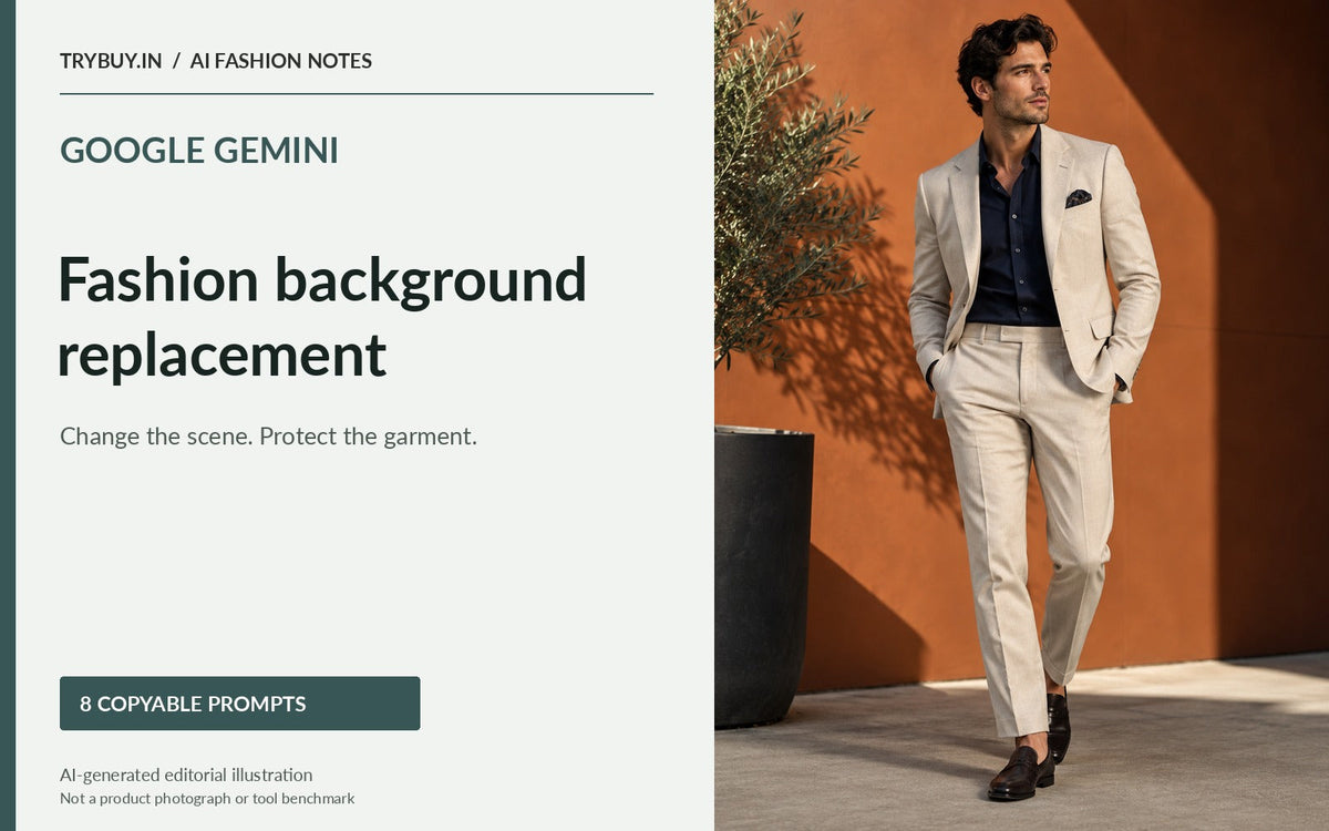 Google Gemini fashion background replacement guide with a menswear model against a terracotta courtyard; AI-generated editorial illustration.