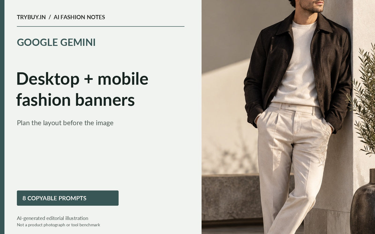 Google Gemini desktop and mobile fashion banner prompt guide with a model beside a minimal stone wall; AI-generated editorial illustration.