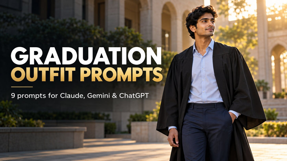 AI-generated editorial cover reading Graduation Outfit Prompts, with an adult graduate in a black gown over a pale blue shirt and navy trousers