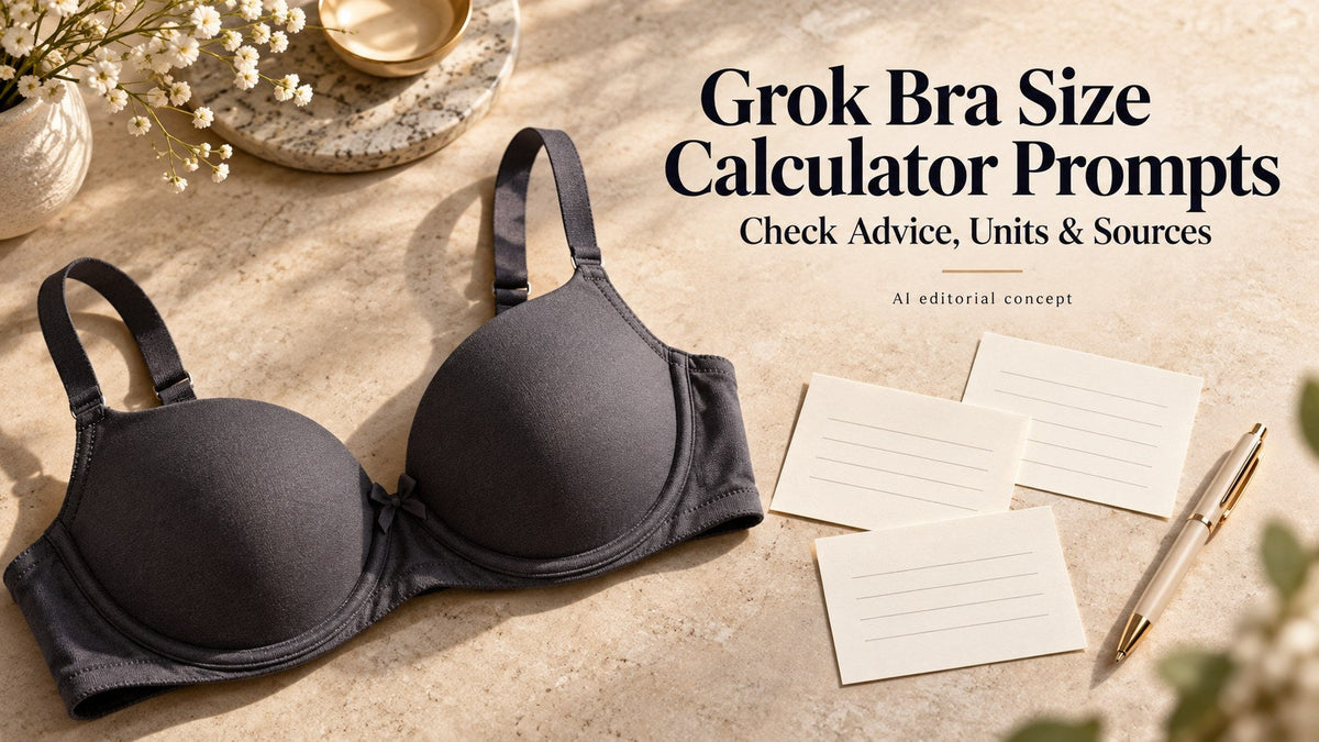 Charcoal fictional bra and organised blank advice cards with Grok Bra Size Calculator Prompts typography.
