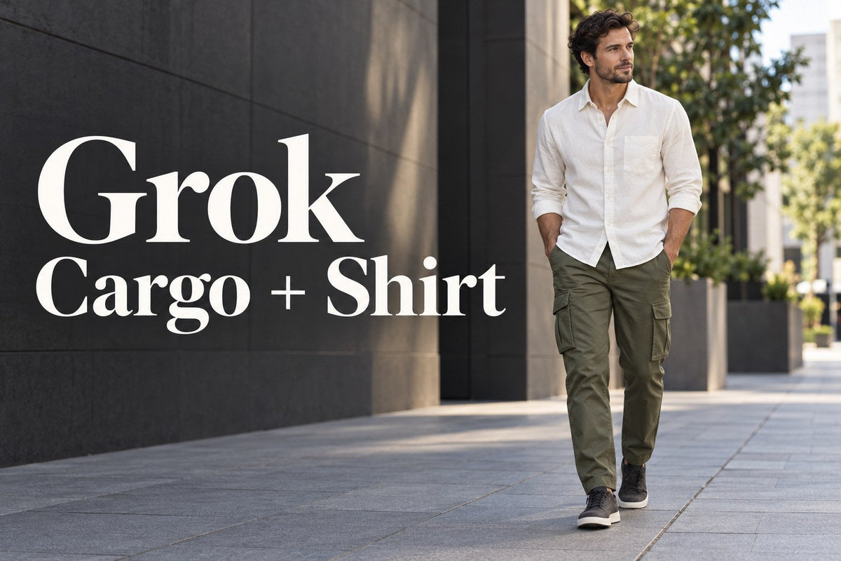 IA-generated editorial concept of a man in olive cargo trousers and an off-white shirt, with text Grok Cargo + camicia.