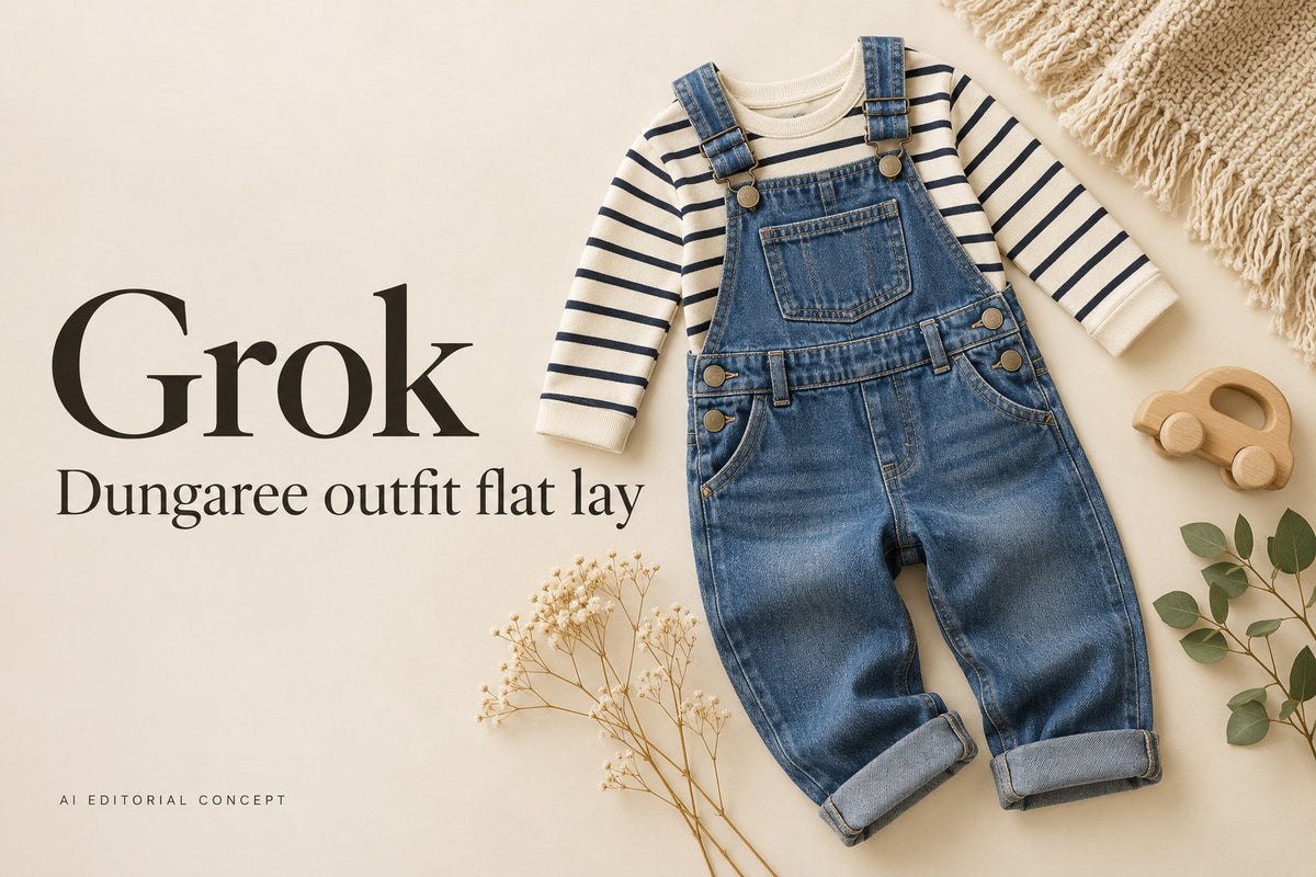 Grok — Dungaree outfit flat lay — AI-generated editorial concept