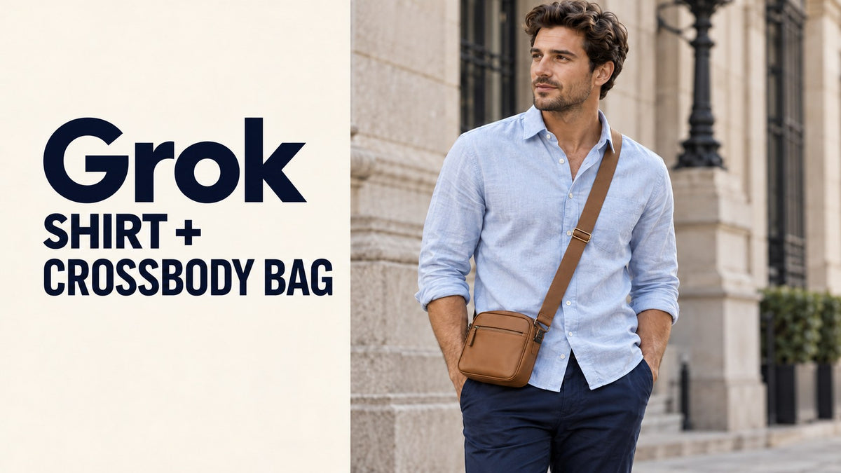 AI-generated adult man in a pale-blue shirt wearing a tan crossbody bag beside the text Grok Shirt + Crossbody Bag.