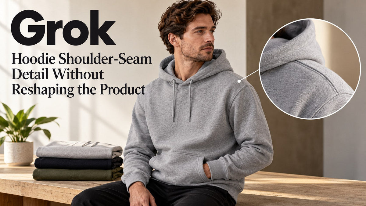 AI-generated editorial concept — Grok: Hoodie Shoulder-Seam Detail Without Reshaping the Product; not an actual product photograph