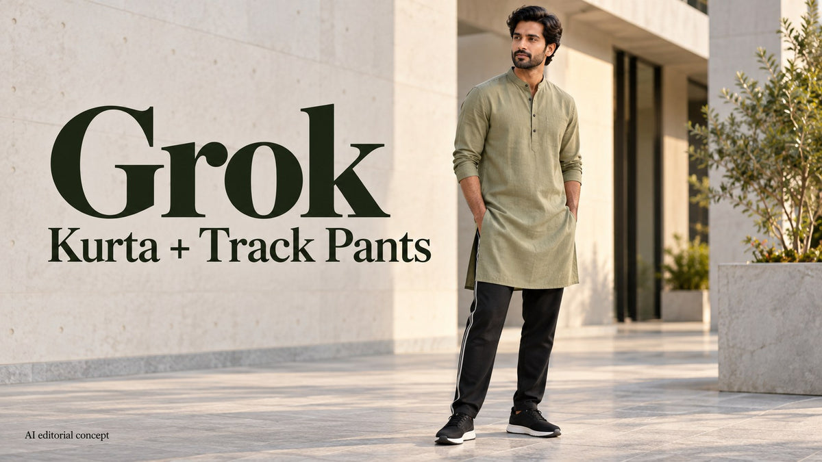 AI editorial concept of an adult in an olive kurta and black track pants, with text Grok Kurta and Track Pants.