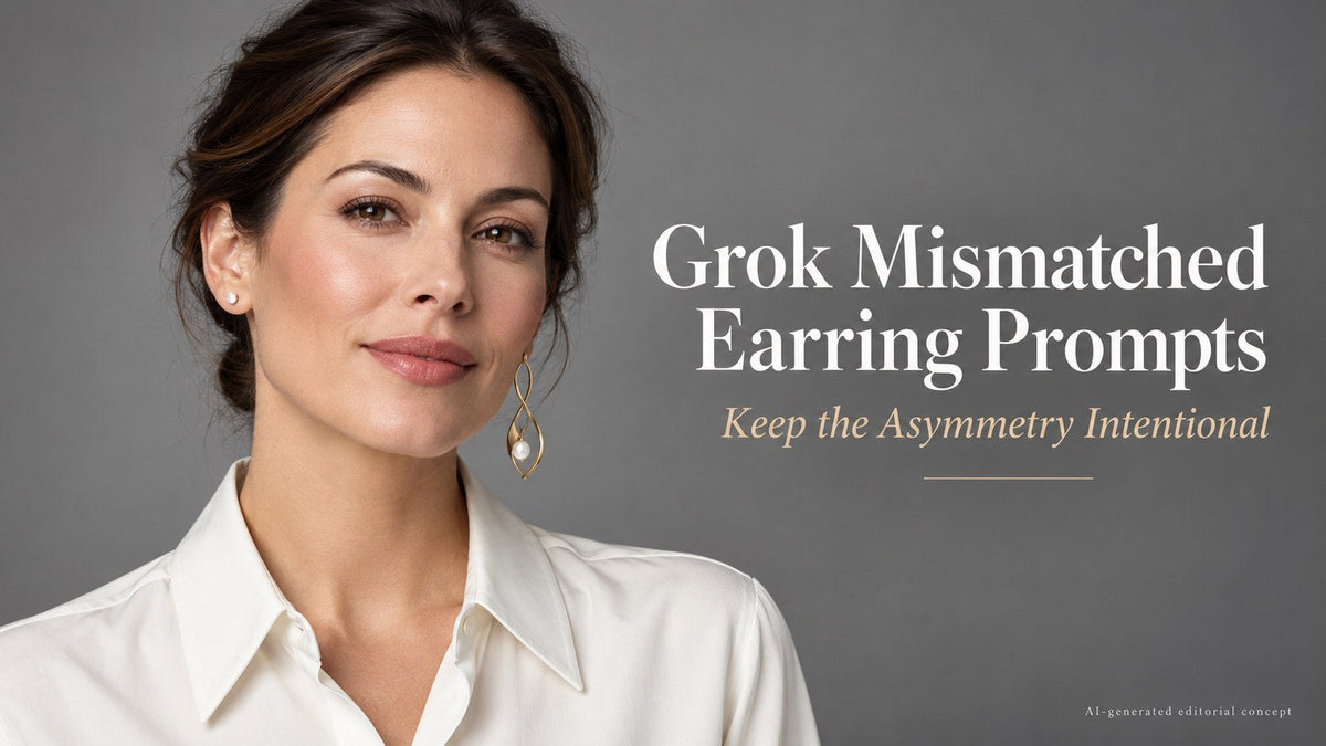 AI editorial adult woman in an ivory shirt with a stud and a longer pendant earring, with Grok title text.