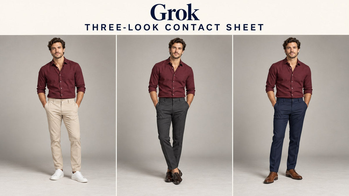 IA-generated three-panel concept of an adult man wearing the same burgundy shirt with different trousers and shoes, headed Grok Three-Look Contact Sheet.