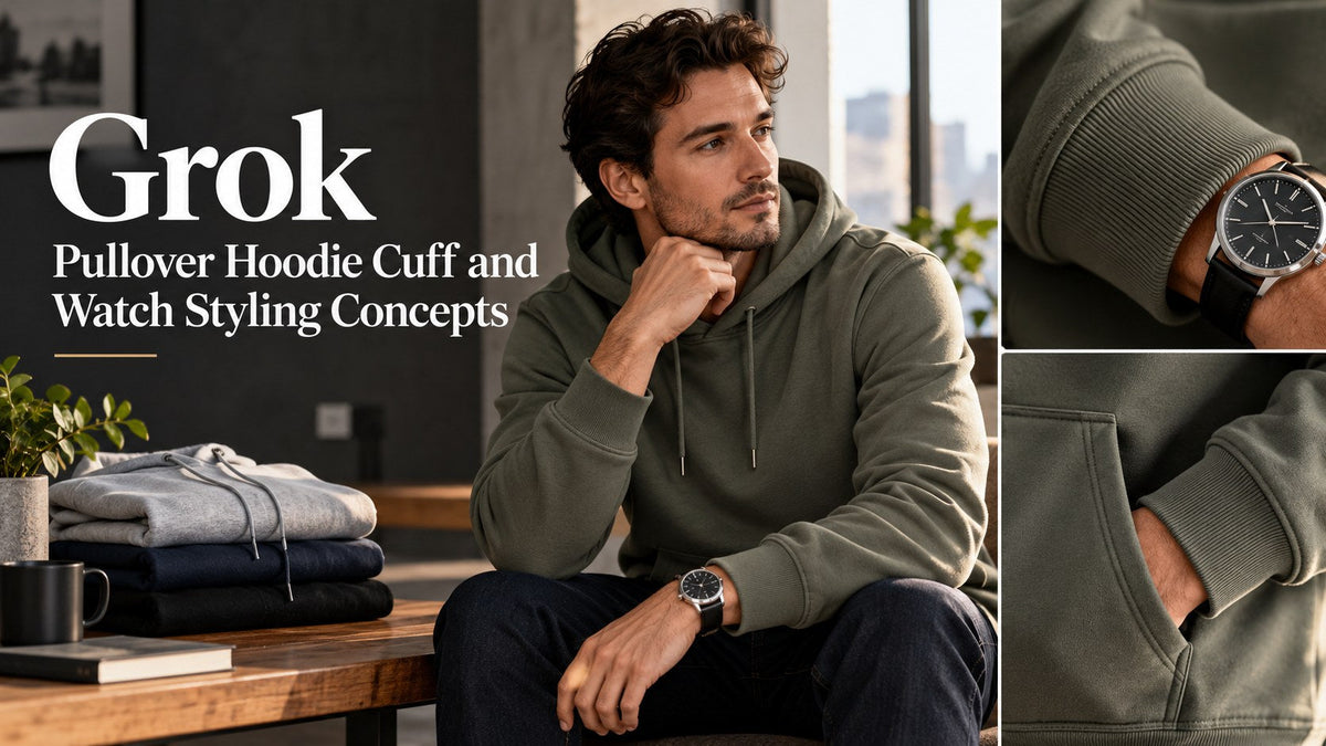 AI-generated editorial concept — Grok: Pullover Hoodie Cuff and Watch Styling Concepts; not an actual product photograph
