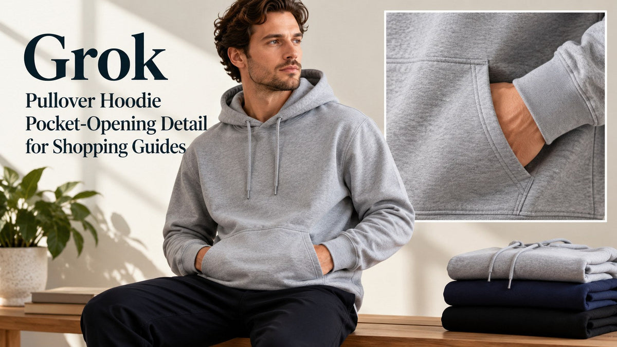 AI-generated editorial concept — Grok: Pullover Hoodie Pocket-Opening Detail for Shopping Guides; not an actual product photograph