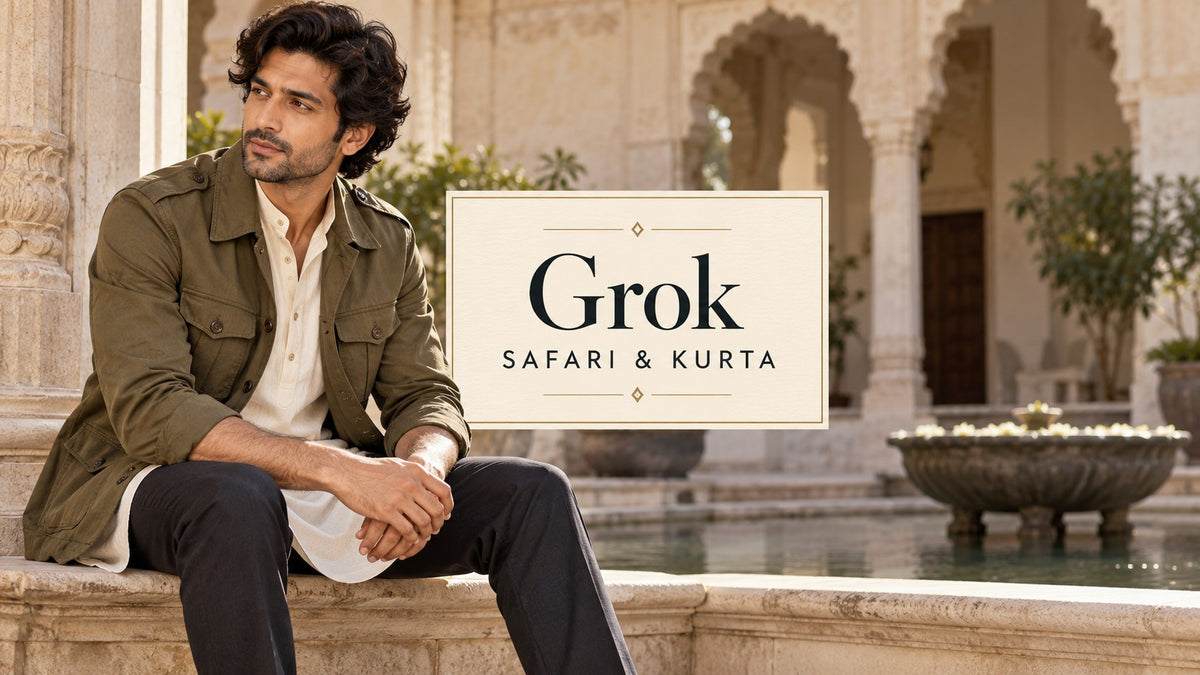 AI-generated seated editorial concept of an adult man in an olive jacket over an ivory inner garment, with the text Grok Safari and Kurta.