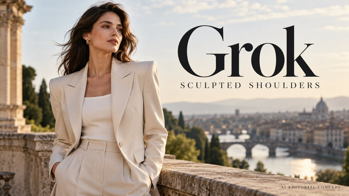 Grok sculpted shoulders — AI-generated editorial clothing concept