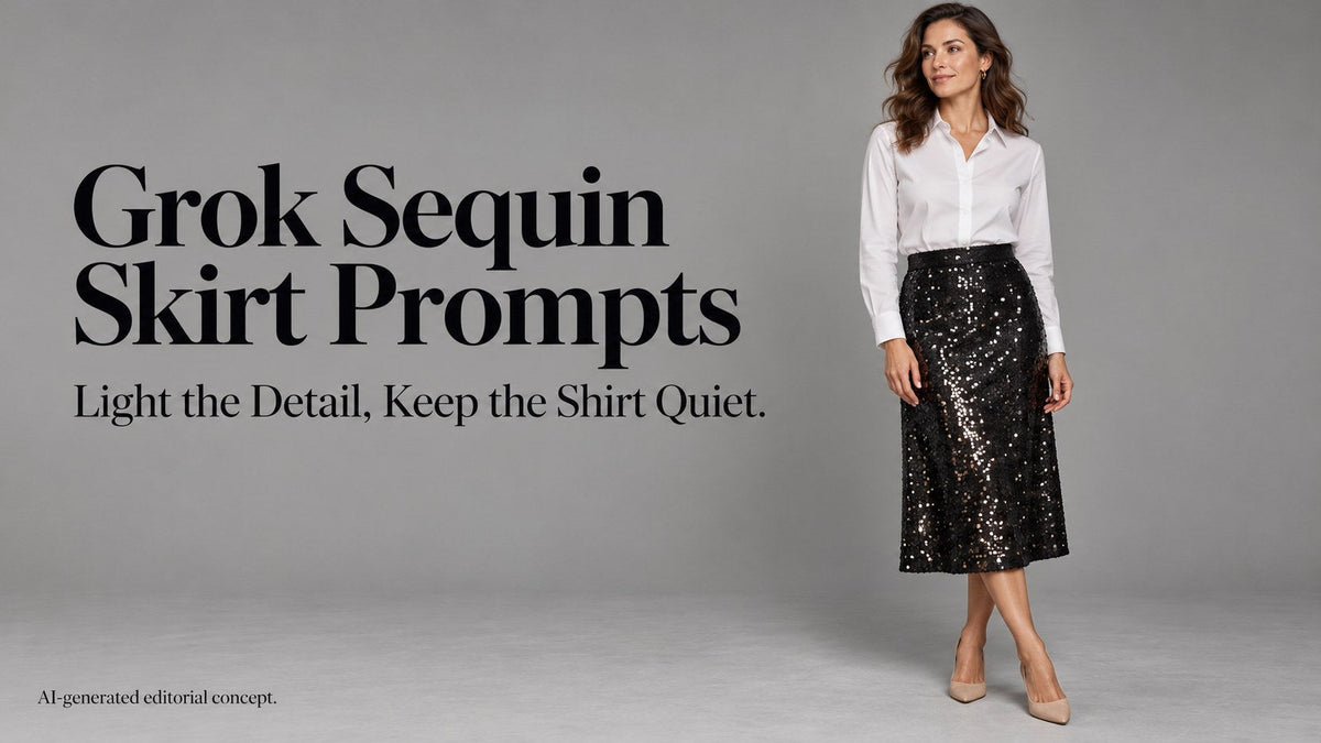 IA editorial adult woman wearing a plain white shirt and black sequin midi skirt, with Grok title text.