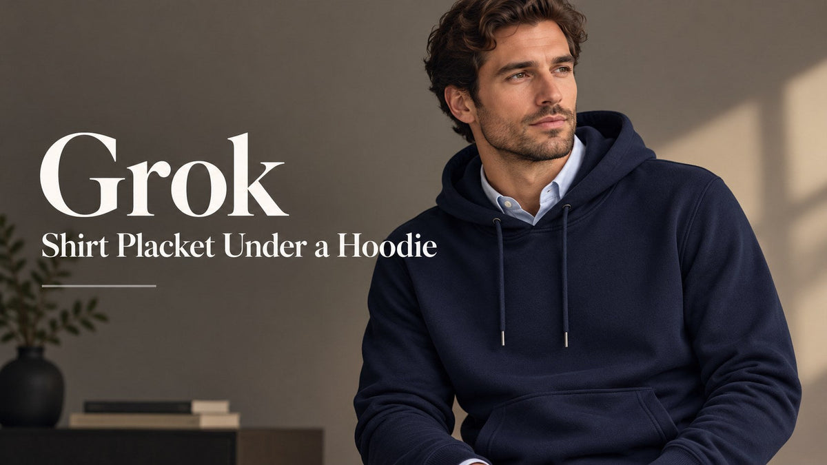 AI-generated editorial concept — Grok: Shirt Placket Under a Pullover Hoodie Image Prompts; not an actual product photograph