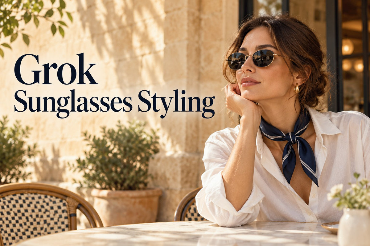 IA-generated editorial portrait of an adult woman wearing oval sunglasses with a cream shirt, with text Grok Sunglasses Styling.