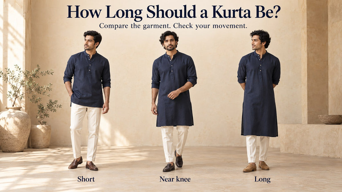 AI-generated editorial comparison of short, near-knee and long navy kurtas on adult men.