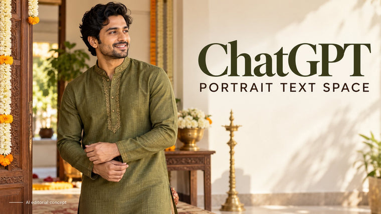 ChatGPT Wedding Kurta Prompts: Wedding Kurta Invitation Portrait Prompts: Leave Text Space Outside the Garment