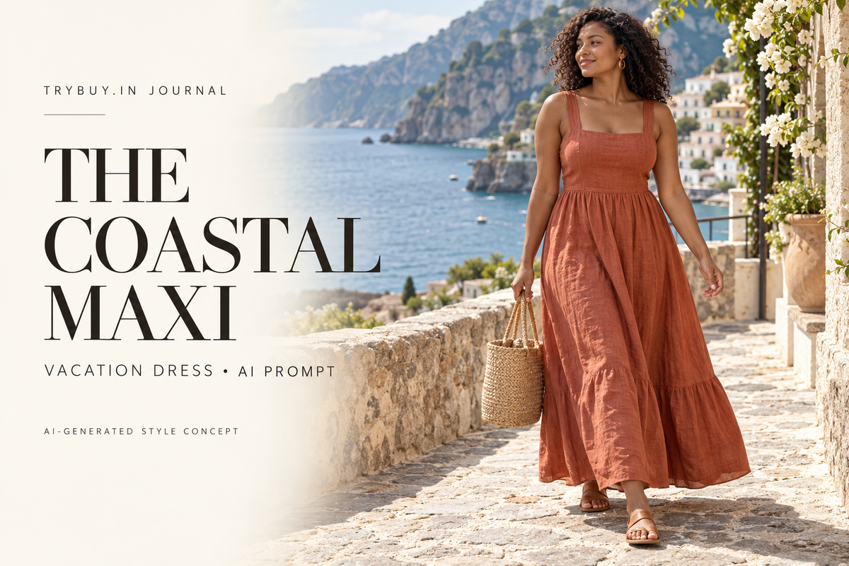 AI-generated woman in a terracotta maxi dress with The Coastal Maxi text