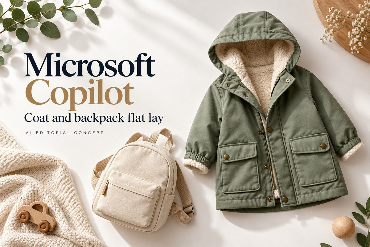 Microsoft Copilot — Coat and backpack flat lay — AI-generated editorial concept