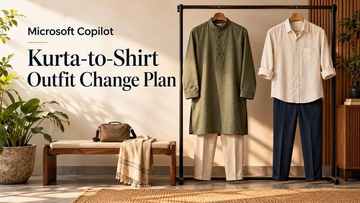 AI-generated editorial concept — Microsoft Copilot: Kurta-to-Shirt Outfit Changes for a Wedding Weekend; not an actual product photograph