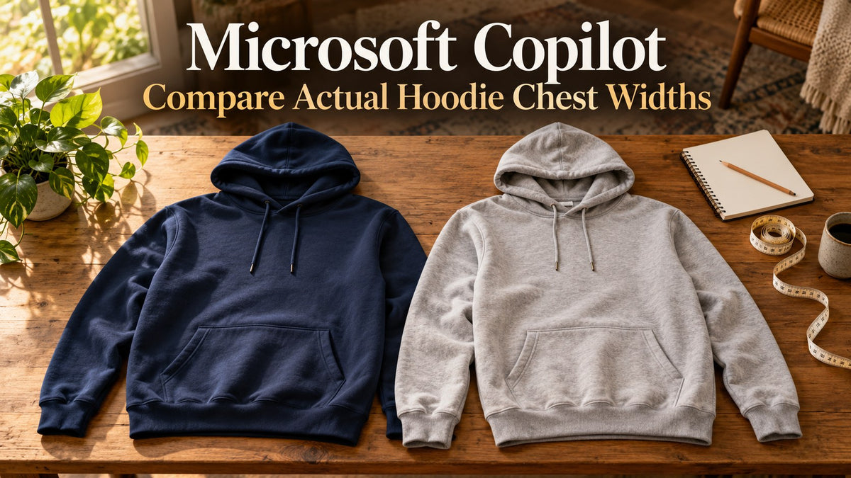 AI-generated editorial concept — Microsoft Copilot: Ordering a Hoodie After Comparing Actual Chest Widths; not an actual product photograph