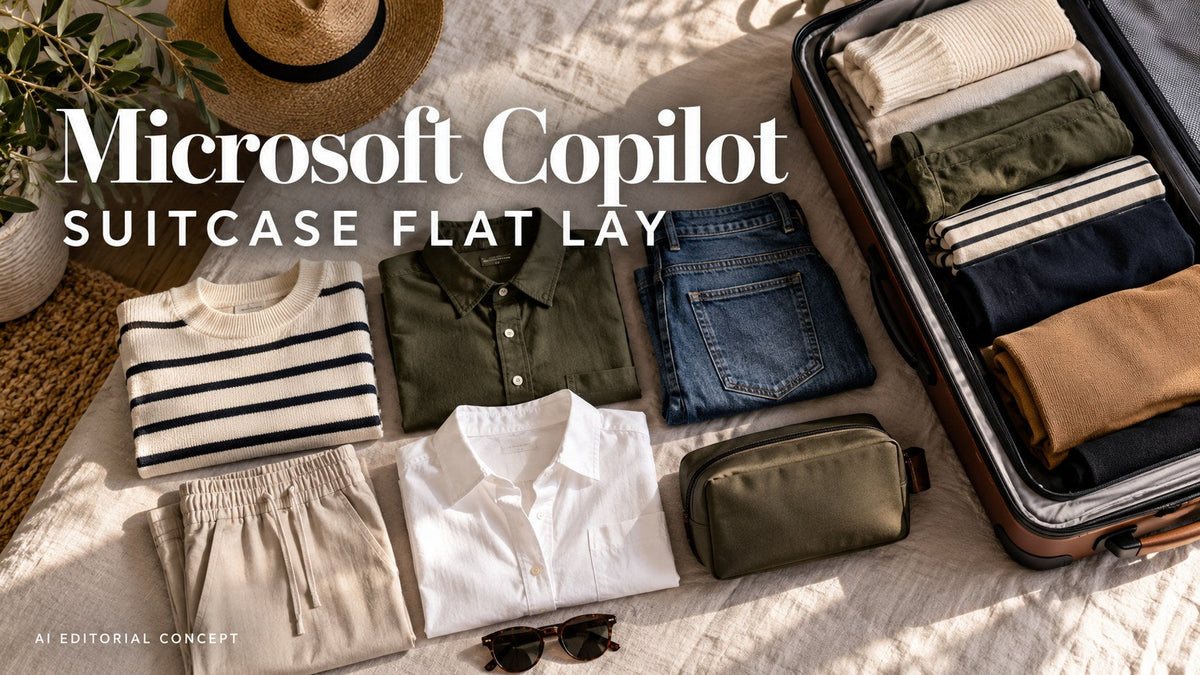 Microsoft Copilot suitcase flat lay — AI-generated editorial fashion concept