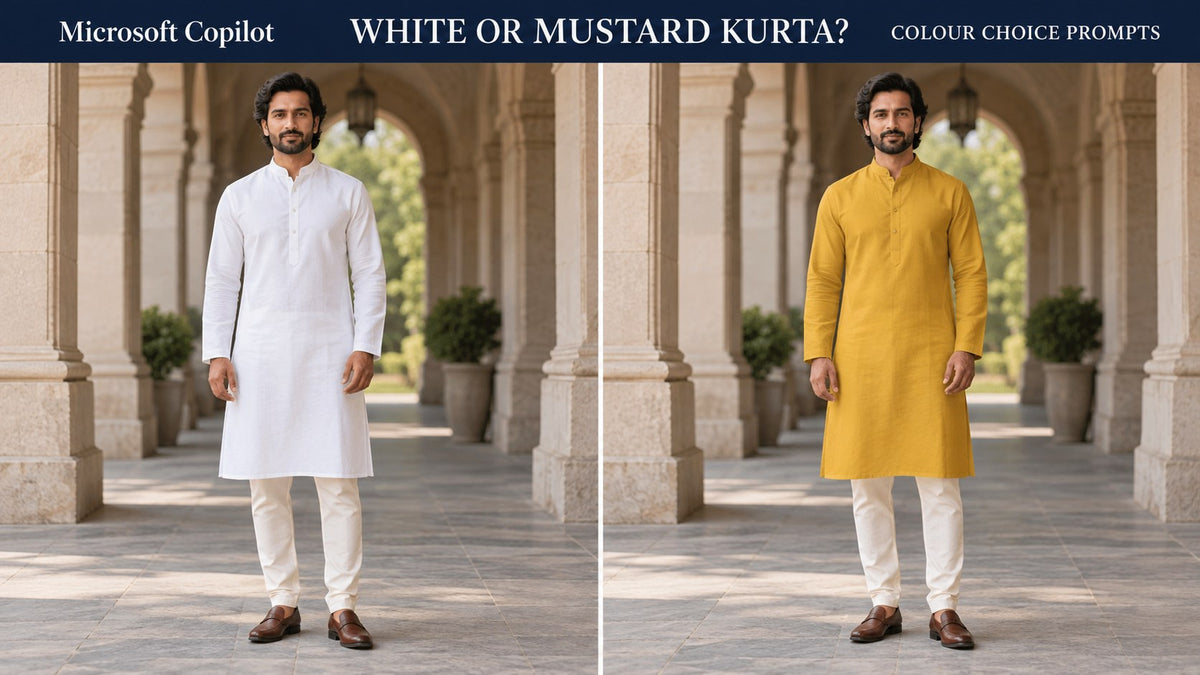 AI-generated editorial comparison of an adult man in fictional white and mustard kurtas, with the text Microsoft Copilot White or Mustard Kurta? Colour Choice Prompts.