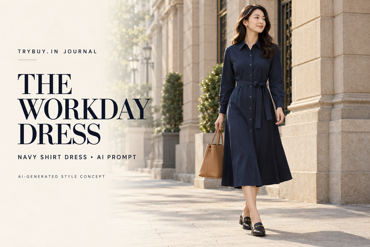 AI-generated woman in a navy shirt dress with The Workday Dress text