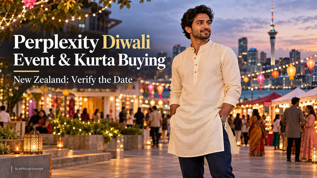 Fictional adult in a cream kurta at an urban public festival setting, with Perplexity Diwali Event and kurta Buying and New Zealand typography.