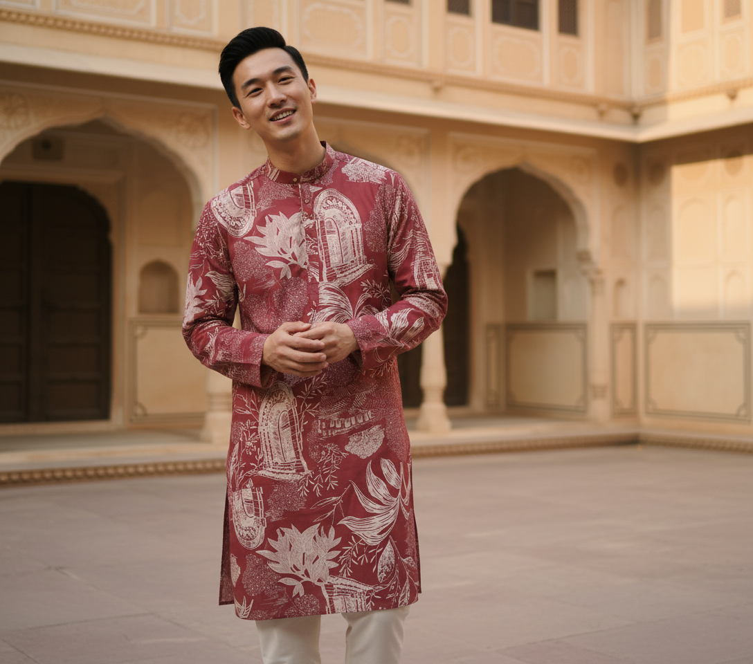 TryBuy maroon floral architectural print art silk blend kurta for men wedding styling guide