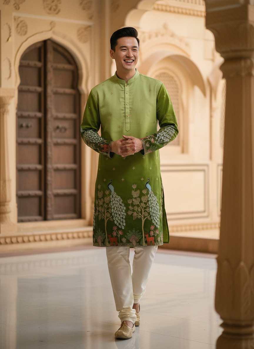 TryBuy green Tree of Life embroidered art silk kurta for men festive styling guide