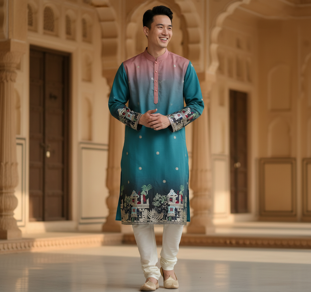 TryBuy ombre teal pink folk art embroidered kurta for men mehendi and festive styling guide