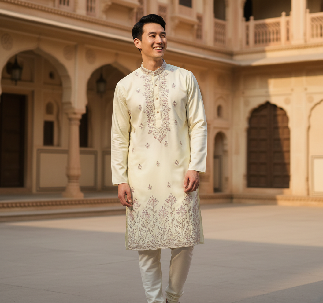 Men’s ivory embroidered kurta shown full length to illustrate kurta proportion