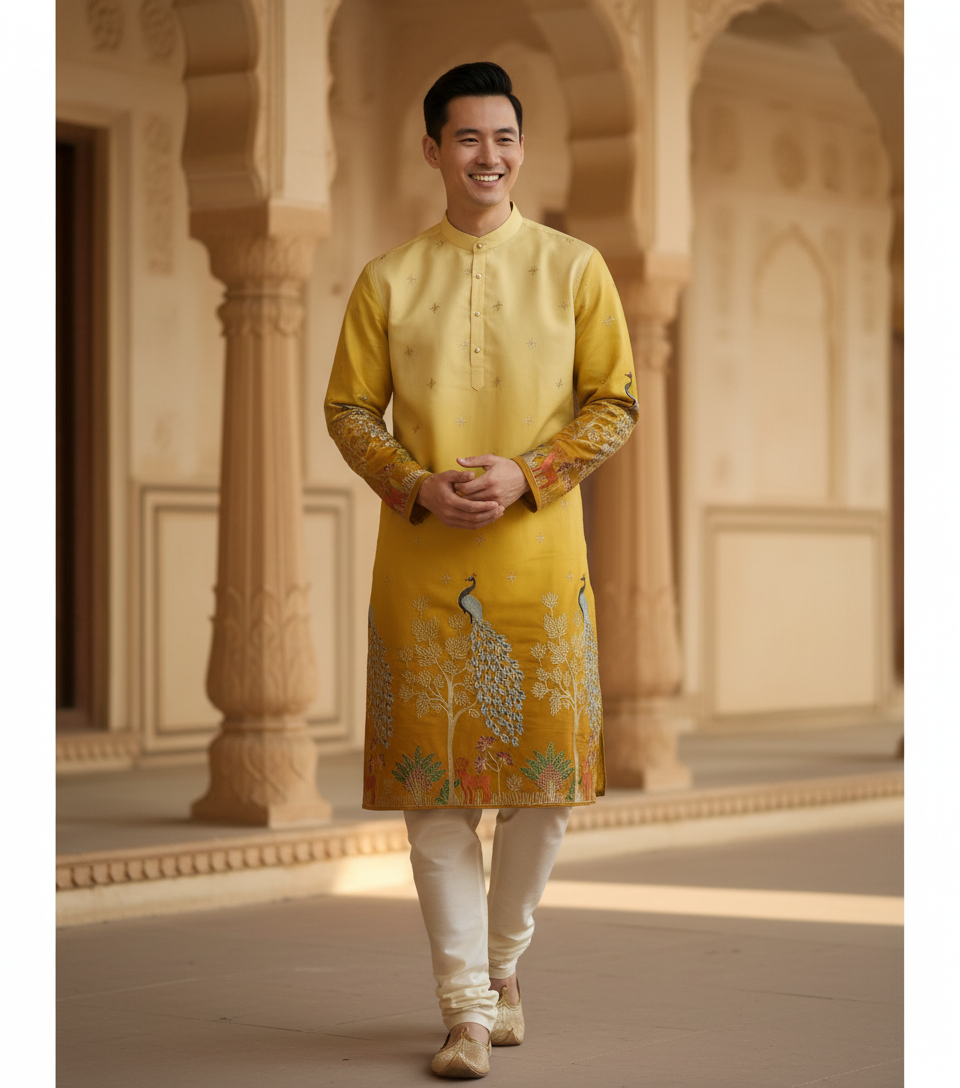 TryBuy peacock embroidery kurta trend for men haldi mehendi wedding guide