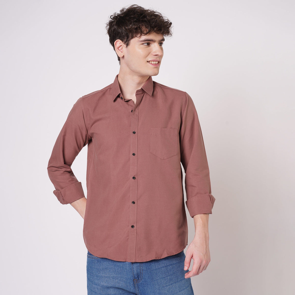 Dusty rose solid spread-collar shirt for a muted men’s shirt colour comparison