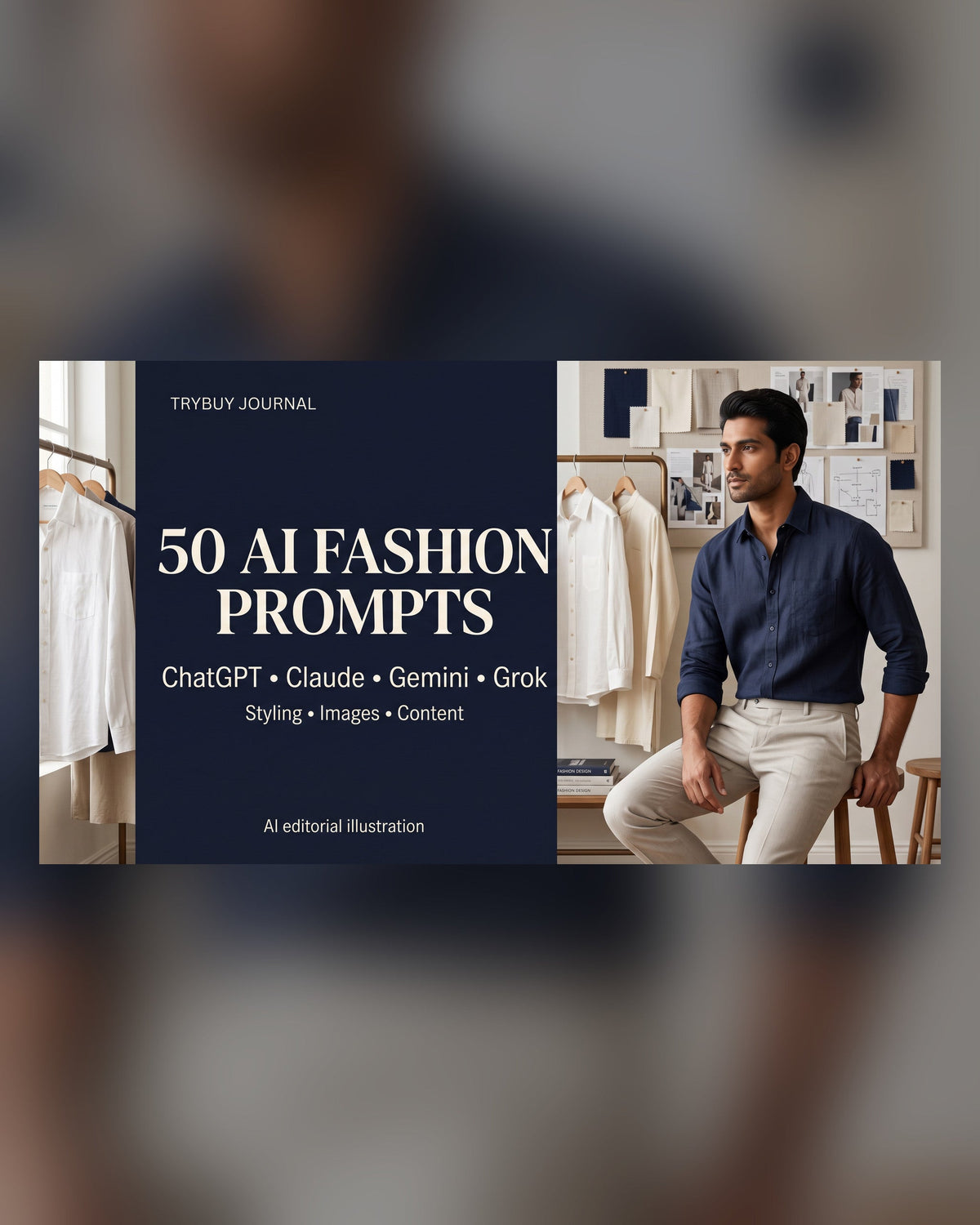 AI-generated editorial cover for 50 AI Fashion Prompts, with ChatGPT, Claude, Gemini and Grok headline text and a menswear studio scene.