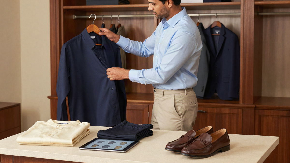 AI-generated editorial illustration of a man choosing a shirt beside a digital wardrobe display in a sunlit dressing room.